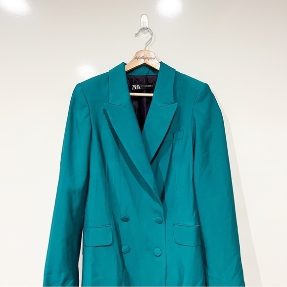Zara Long Buttoned Blazer in Green Blue - Picture 6 of 16